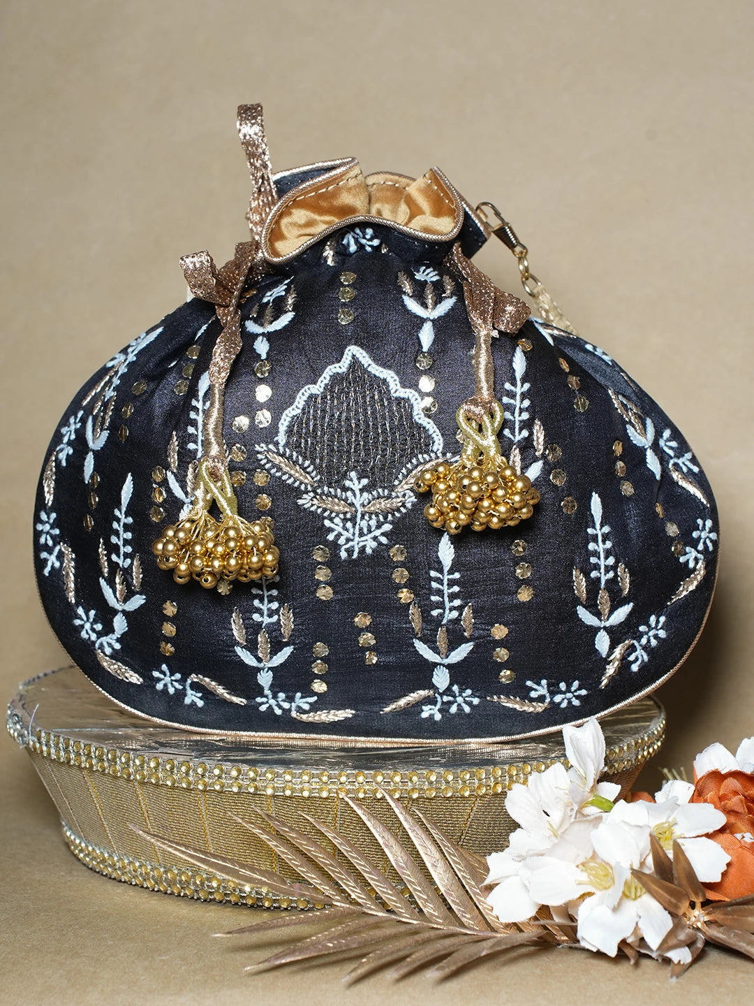Ada Hand Embroidered Black Silk Lucknowi Chikankari Potli Bag With Muqaish Work 01A689031