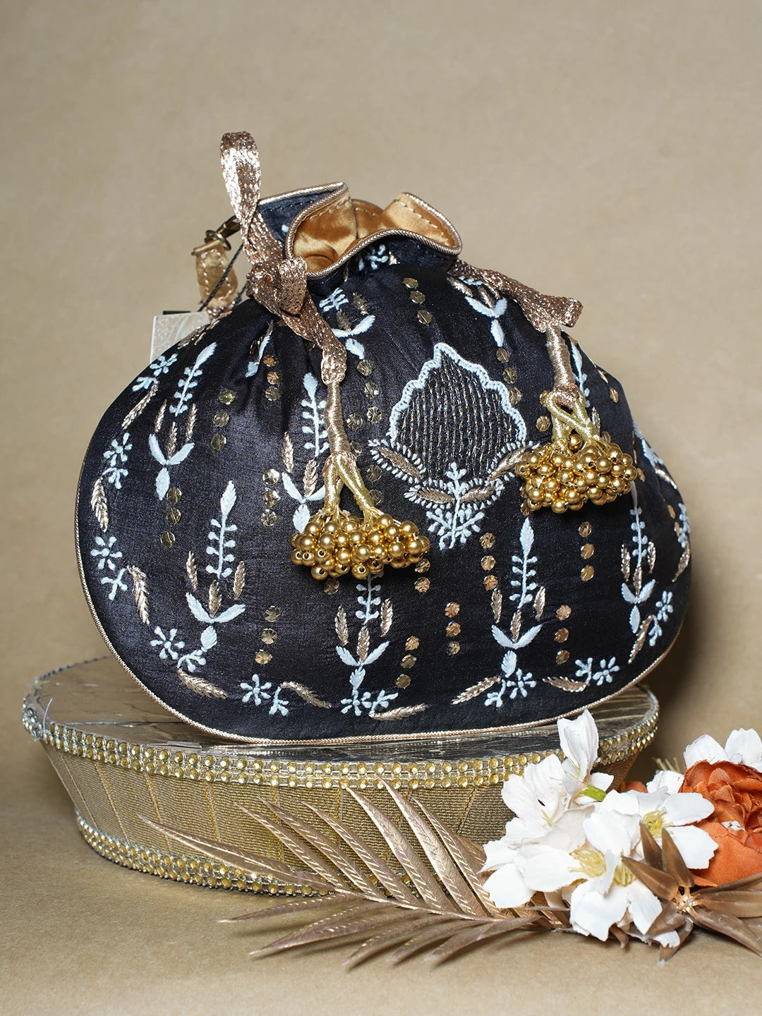 Ada Hand Embroidered Black Silk Lucknowi Chikankari Potli Bag With Muqaish Work 01A689031
