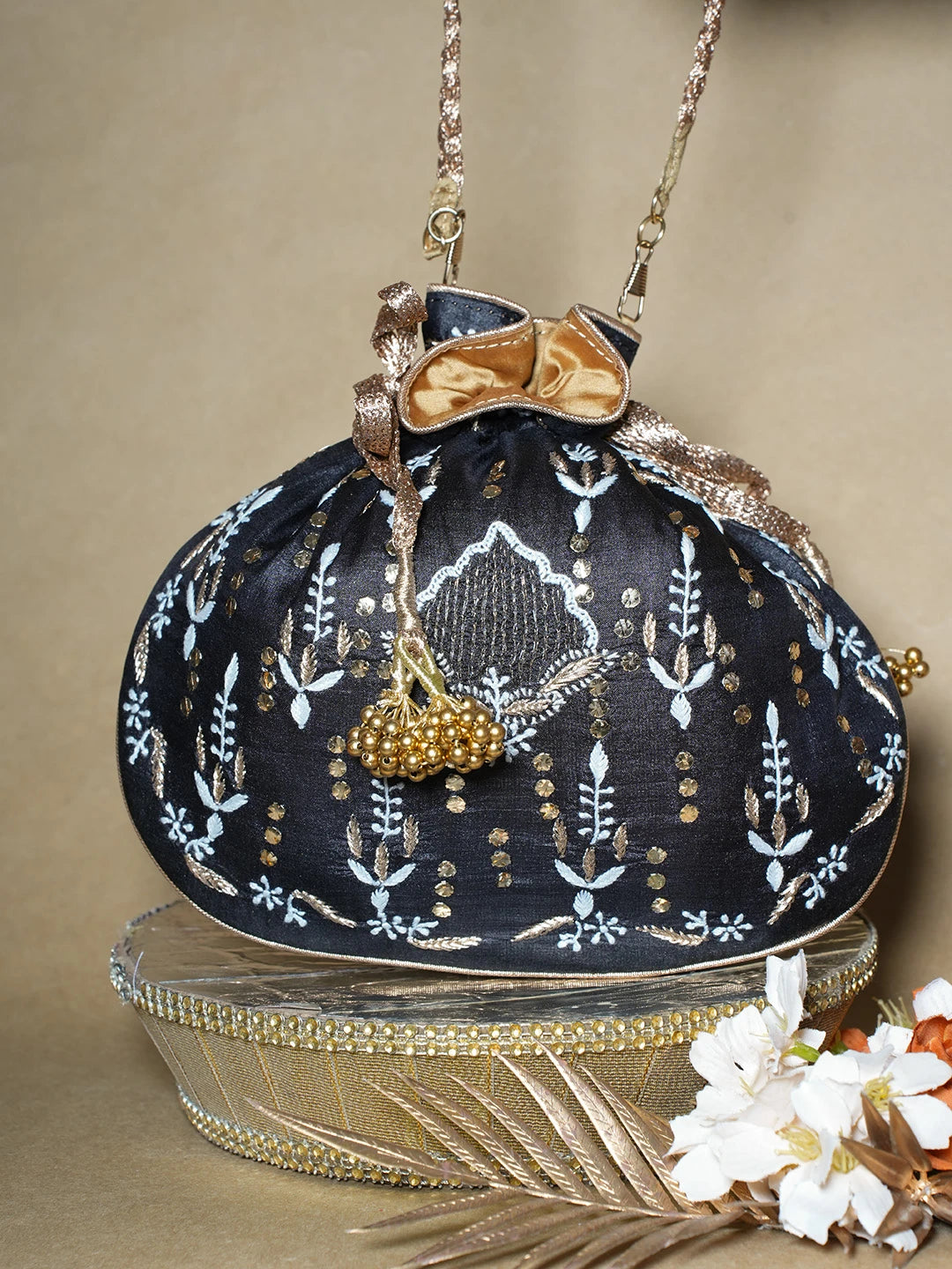Ada Hand Embroidered Black Silk Lucknowi Chikankari Potli Bag With Muqaish Work 01A689031