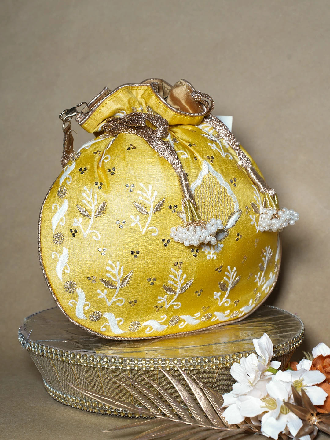 Ada Hand Embroidered Yellow Silk Lucknowi Chikankari Potli Bag With Muqaish Work 01A689042