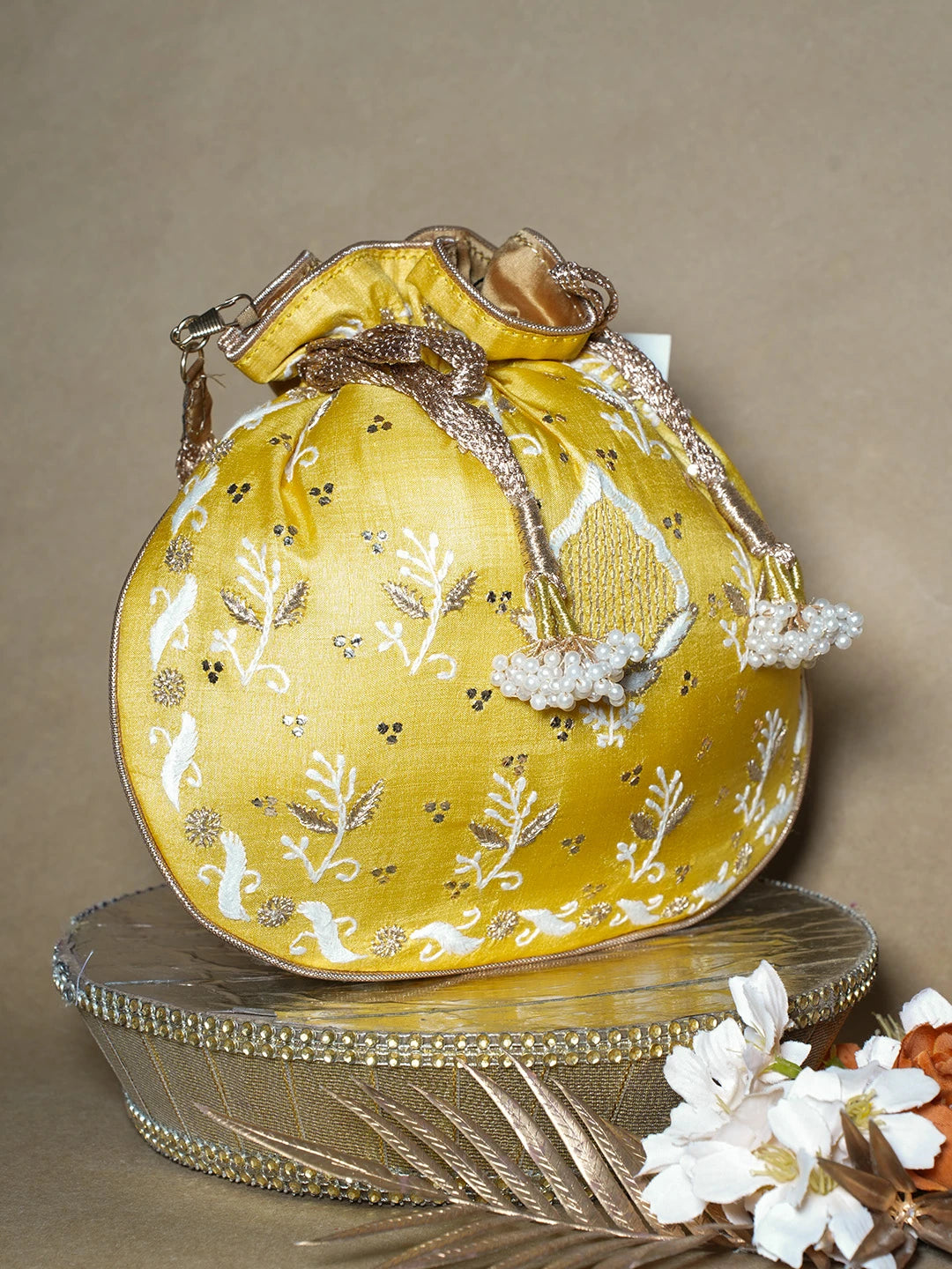 Ada Hand Embroidered Yellow Silk Lucknowi Chikankari Potli Bag With Muqaish Work 01A689042
