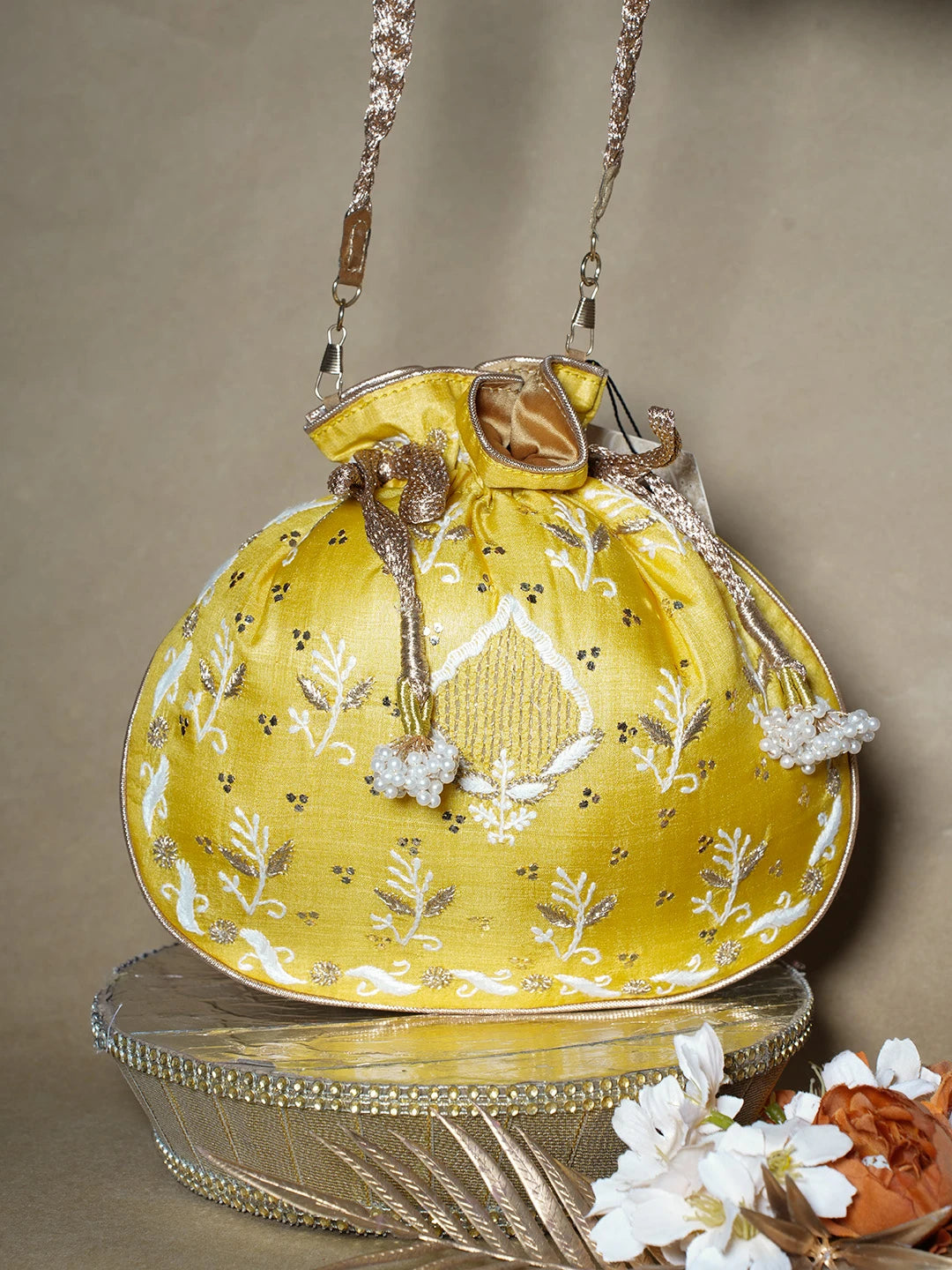 Ada Hand Embroidered Yellow Silk Lucknowi Chikankari Potli Bag With Muqaish Work 01A689042