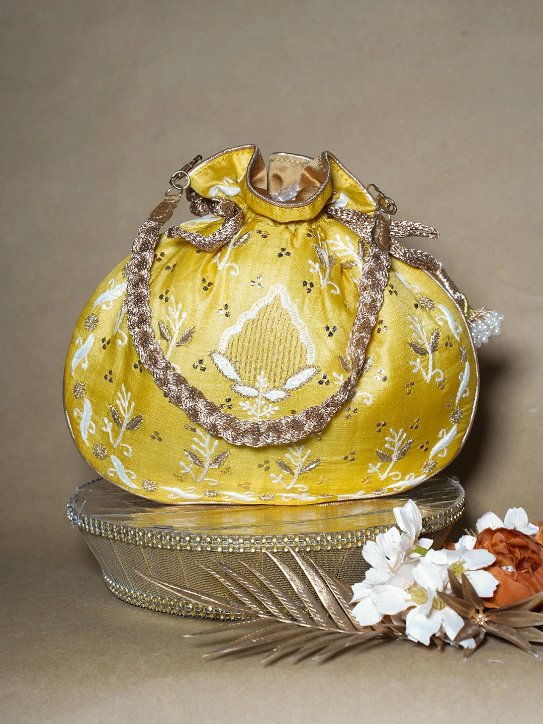 Ada Hand Embroidered Yellow Silk Lucknowi Chikankari Potli Bag With Muqaish Work 01A689042