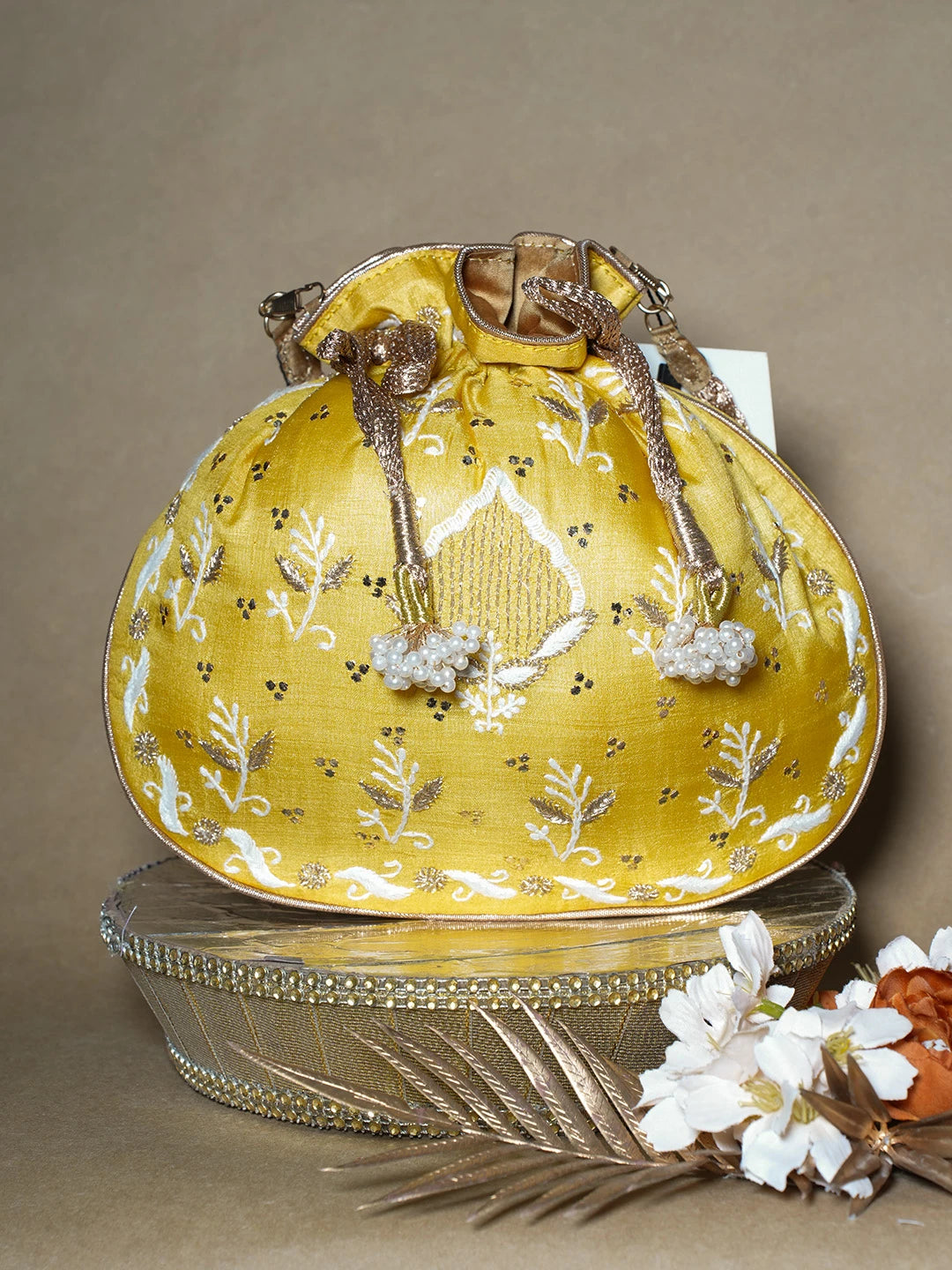 Ada Hand Embroidered Yellow Silk Lucknowi Chikankari Potli Bag With Muqaish Work 01A689042