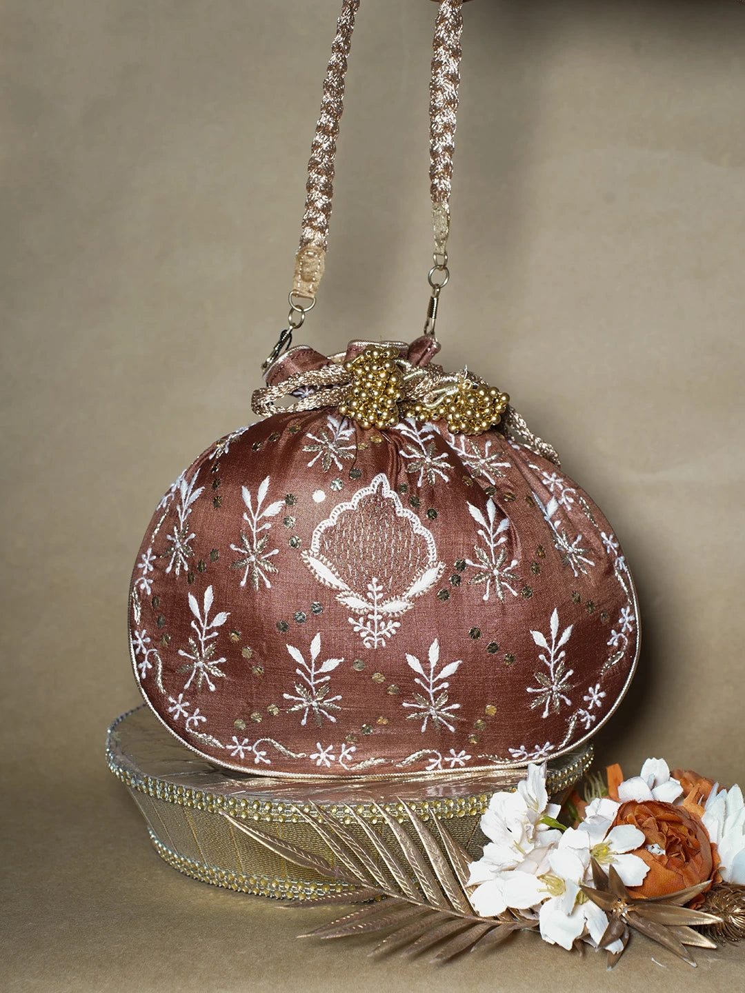 Ada Hand Embroidered Brown Silk Lucknowi Chikankari Potli Bag With Muqaish Work 01A642003