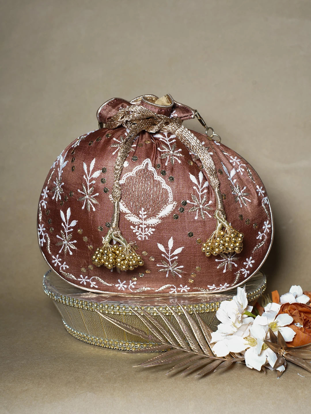 Ada Hand Embroidered Brown Silk Lucknowi Chikankari Potli Bag With Muqaish Work 01A642003