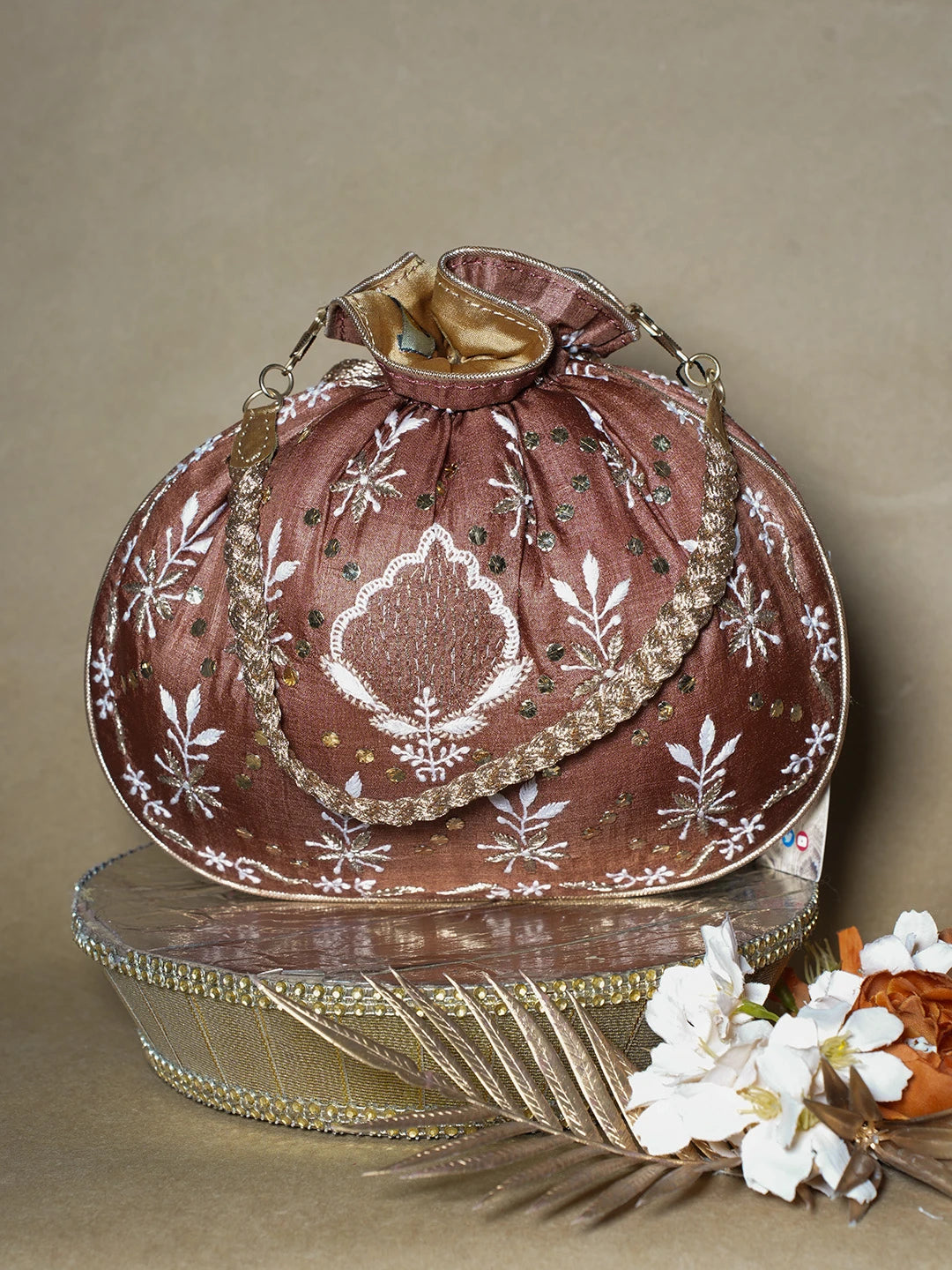 Ada Hand Embroidered Brown Silk Lucknowi Chikankari Potli Bag With Muqaish Work 01A642003