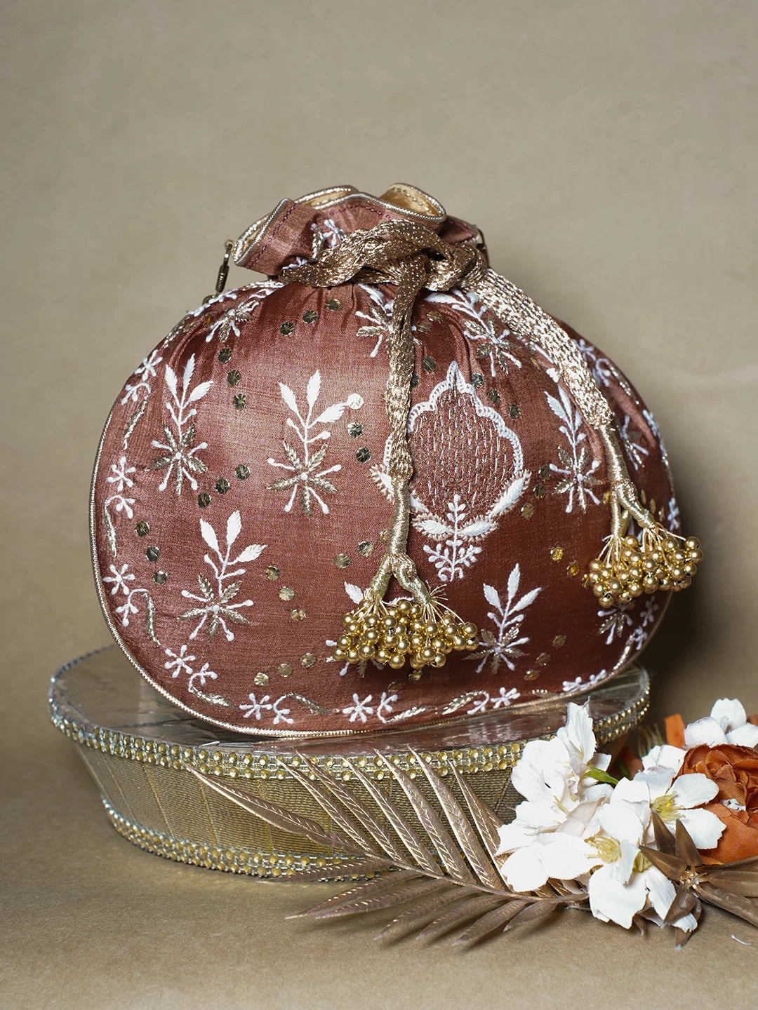 Ada Hand Embroidered Brown Silk Lucknowi Chikankari Potli Bag With Muqaish Work 01A642003