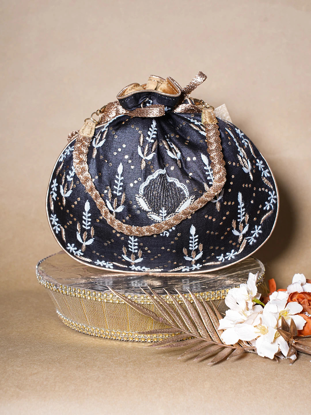 Ada Hand Embroidered Black Silk Lucknowi Chikankari Potli Bag With Zari Work 01A689030