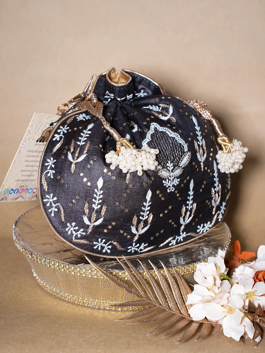 Ada Hand Embroidered Black Silk Lucknowi Chikankari Potli Bag With Zari Work 01A689030