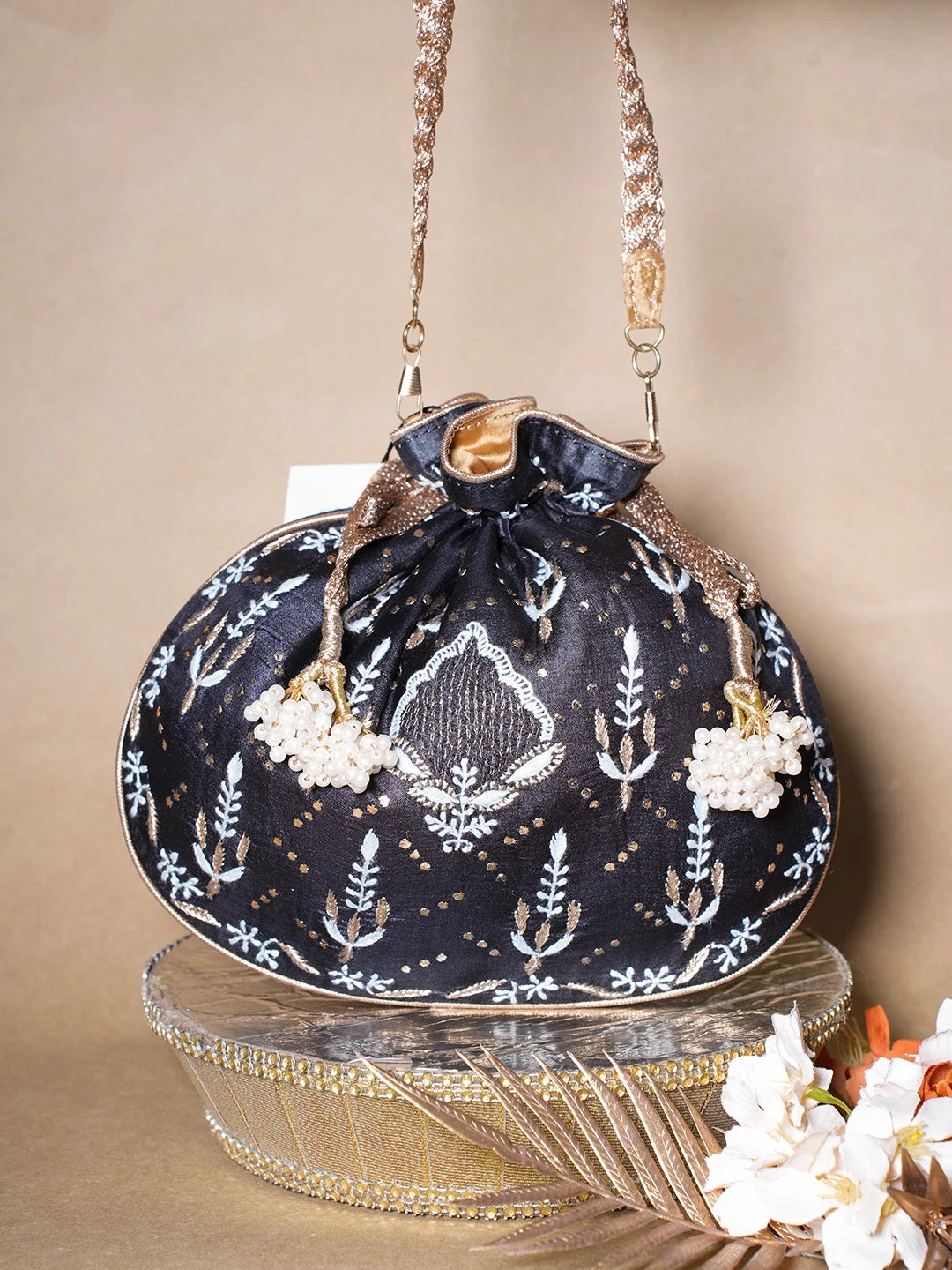 Ada Hand Embroidered Black Silk Lucknowi Chikankari Potli Bag With Zari Work 01A689030