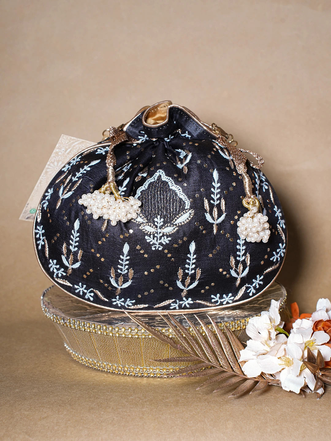 Ada Hand Embroidered Black Silk Lucknowi Chikankari Potli Bag With Zari Work 01A689030