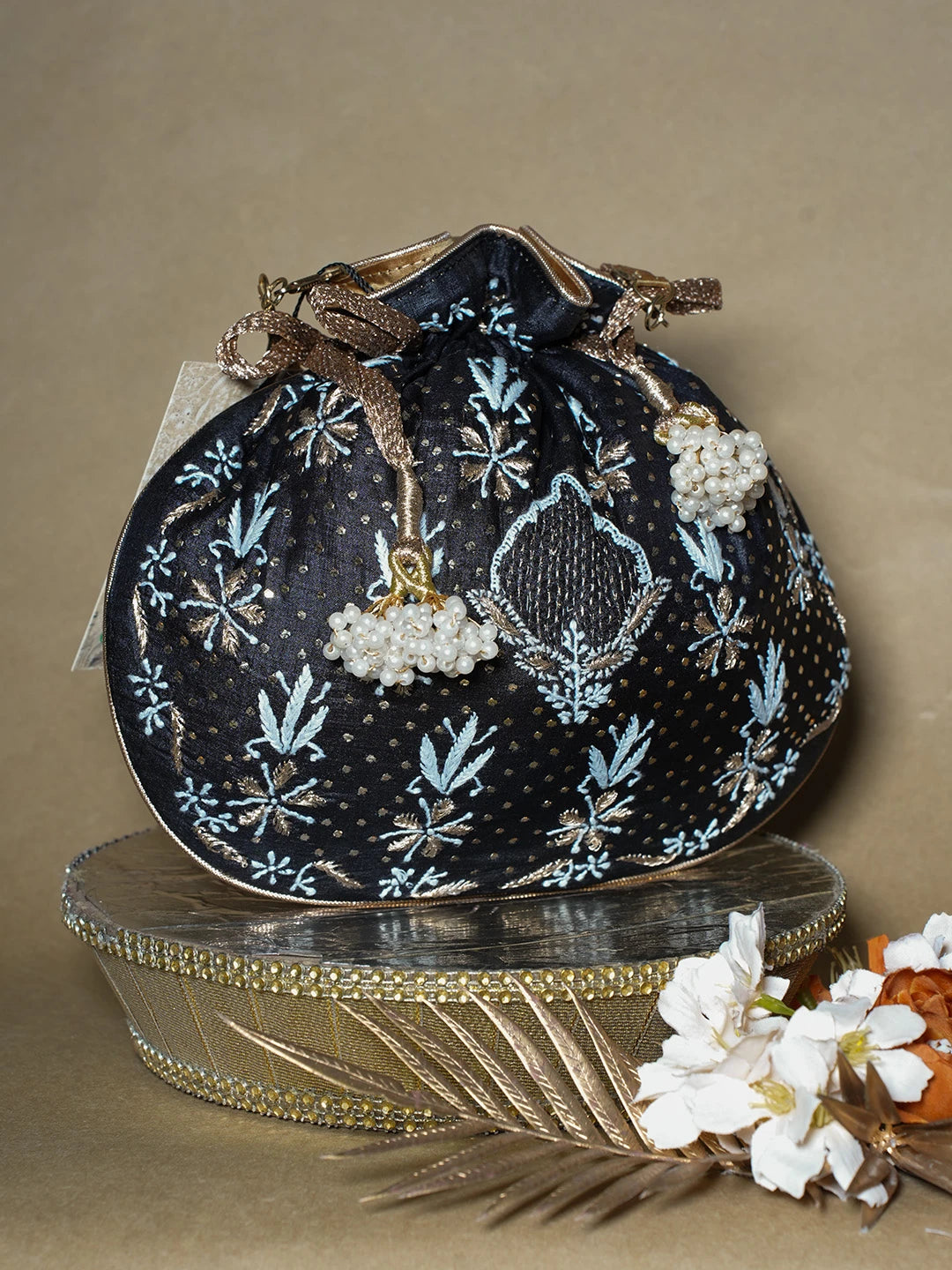 Ada Hand Embroidered Black Silk Lucknowi Chikankari Potli Bag With Muqaish Work 01A689033