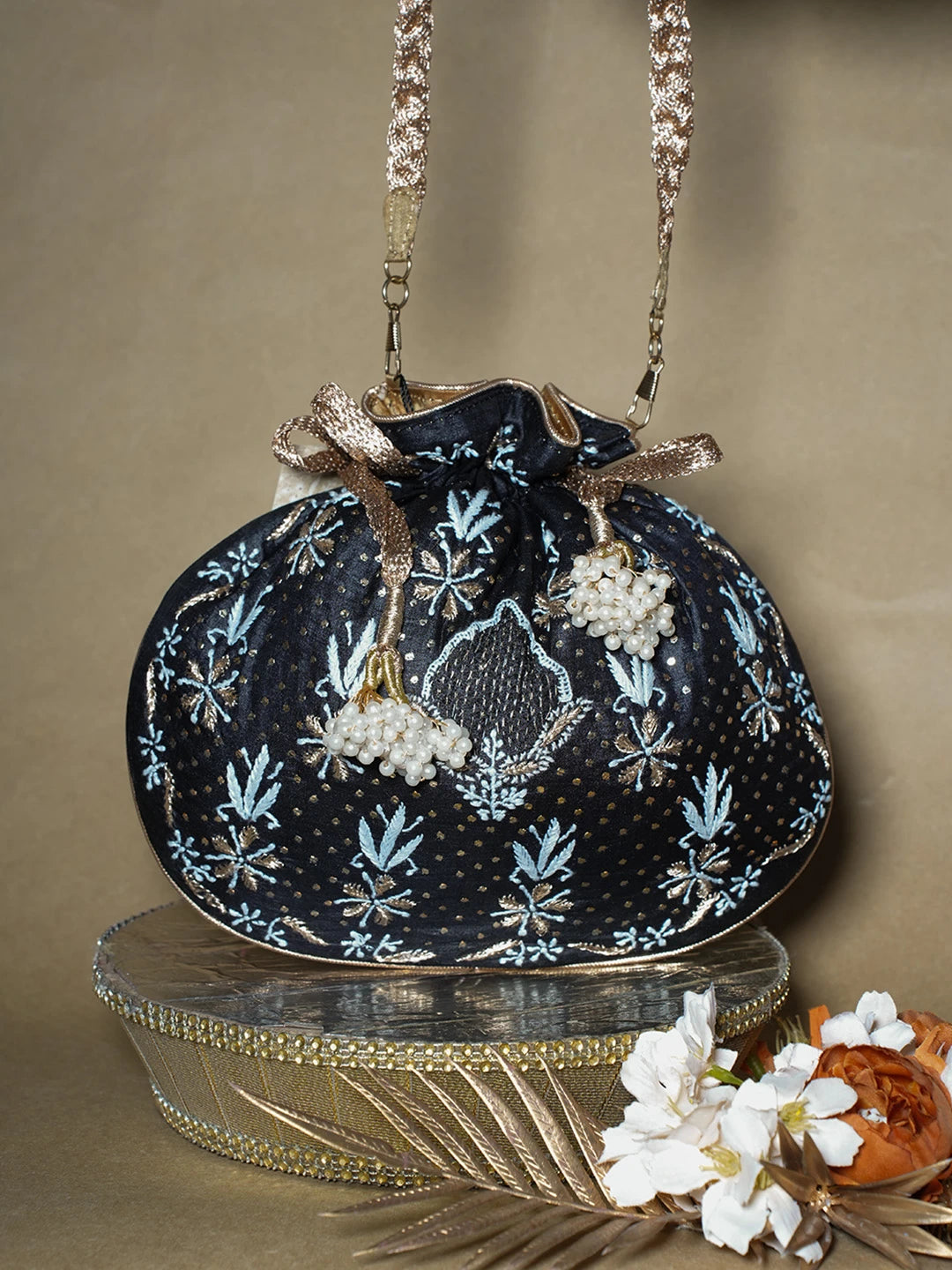 Ada Hand Embroidered Black Silk Lucknowi Chikankari Potli Bag With Muqaish Work 01A689033
