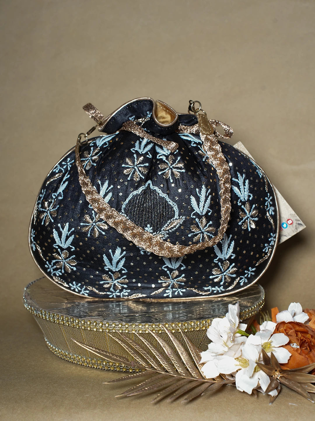 Ada Hand Embroidered Black Silk Lucknowi Chikankari Potli Bag With Muqaish Work 01A689033