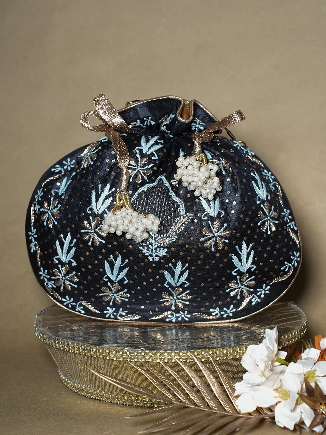 Ada Hand Embroidered Black Silk Lucknowi Chikankari Potli Bag With Muqaish Work 01A689033