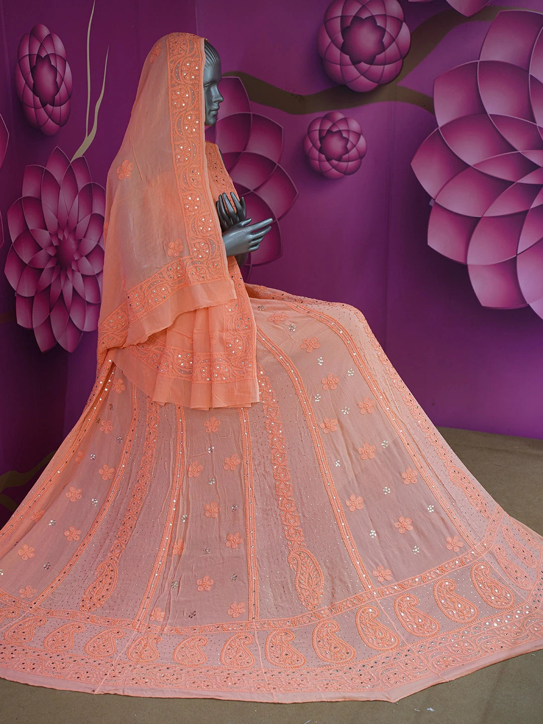 Ada Hand Embroidered Dark Peach Viscose Georgette Lucknowi Chikankari Lehenga Set With Muqaish Work 01A546632