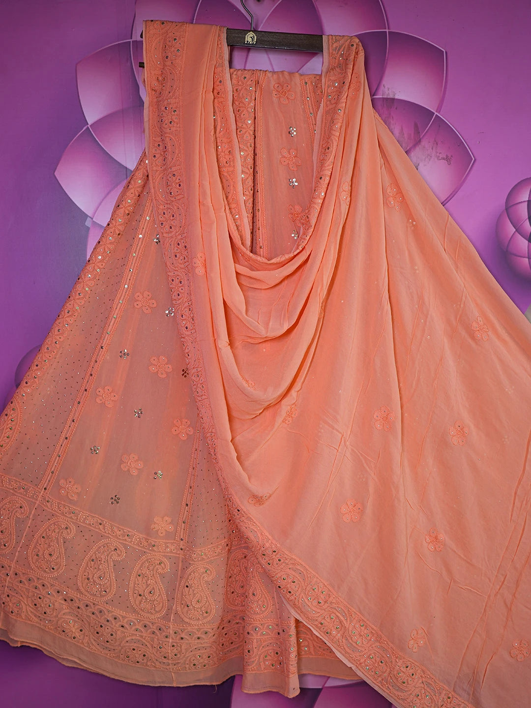 Ada Hand Embroidered Dark Peach Viscose Georgette Lucknowi Chikankari Lehenga Set With Muqaish Work 01A546632