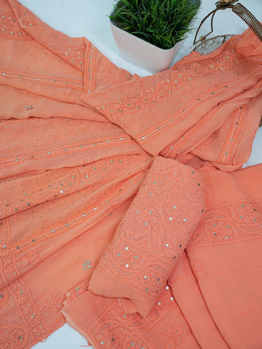 Ada Hand Embroidered Dark Peach Viscose Georgette Lucknowi Chikankari Lehenga Set With Muqaish Work 01A546632