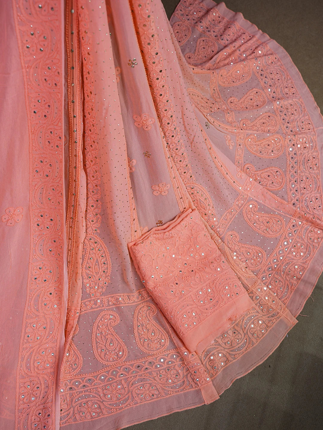 Ada Hand Embroidered Dark Peach Viscose Georgette Lucknowi Chikankari Lehenga Set With Muqaish Work 01A546632