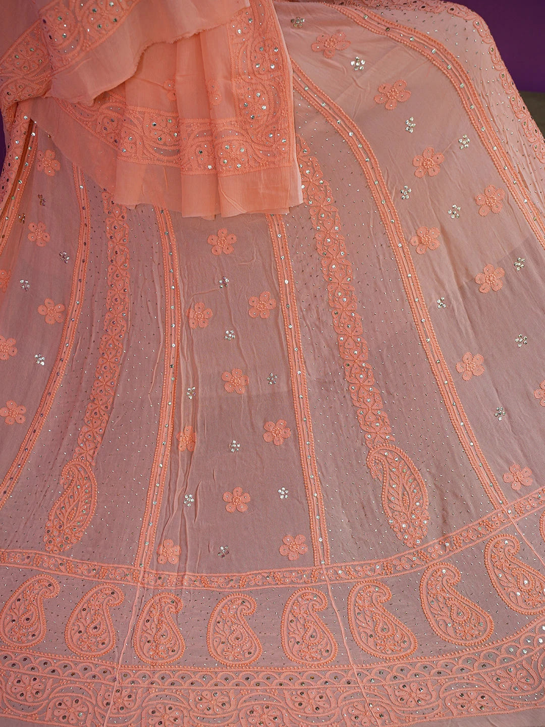 Ada Hand Embroidered Dark Peach Viscose Georgette Lucknowi Chikankari Lehenga Set With Muqaish Work 01A546632
