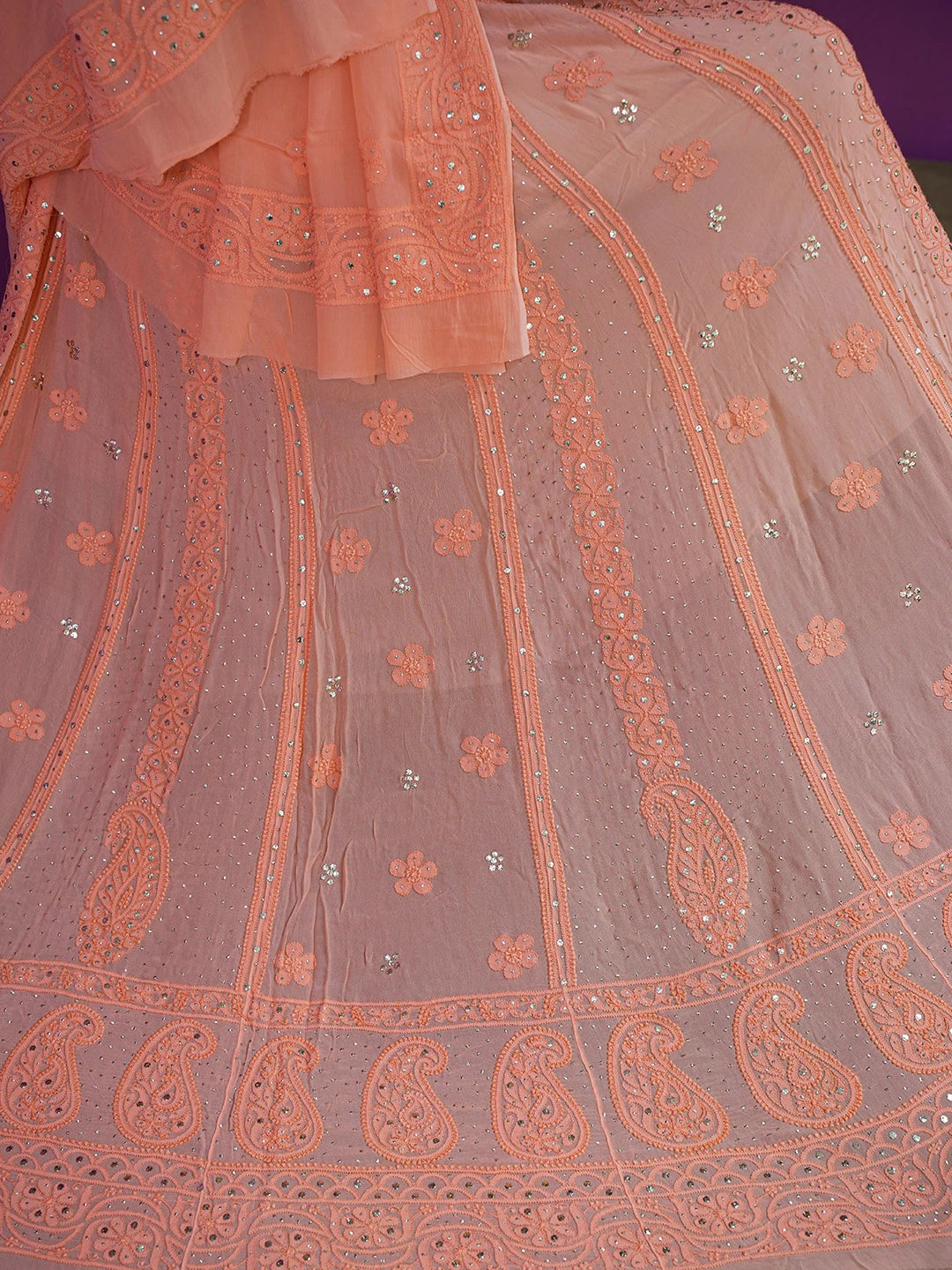 Ada Hand Embroidered Dark Peach Viscose Georgette Lucknowi Chikankari Lehenga Set With Muqaish Work 01A546632