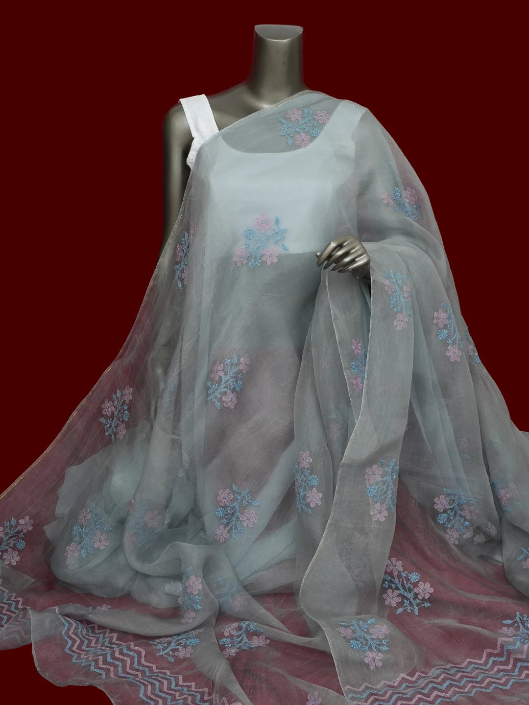 Ada Hand Embroidered Grey Organza Lucknowi Chikankari Dupatta 01A649358