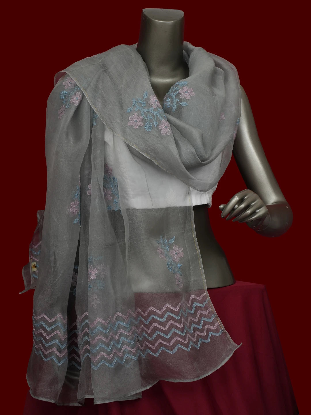 Ada Hand Embroidered Grey Organza Lucknowi Chikankari Dupatta 01A649358