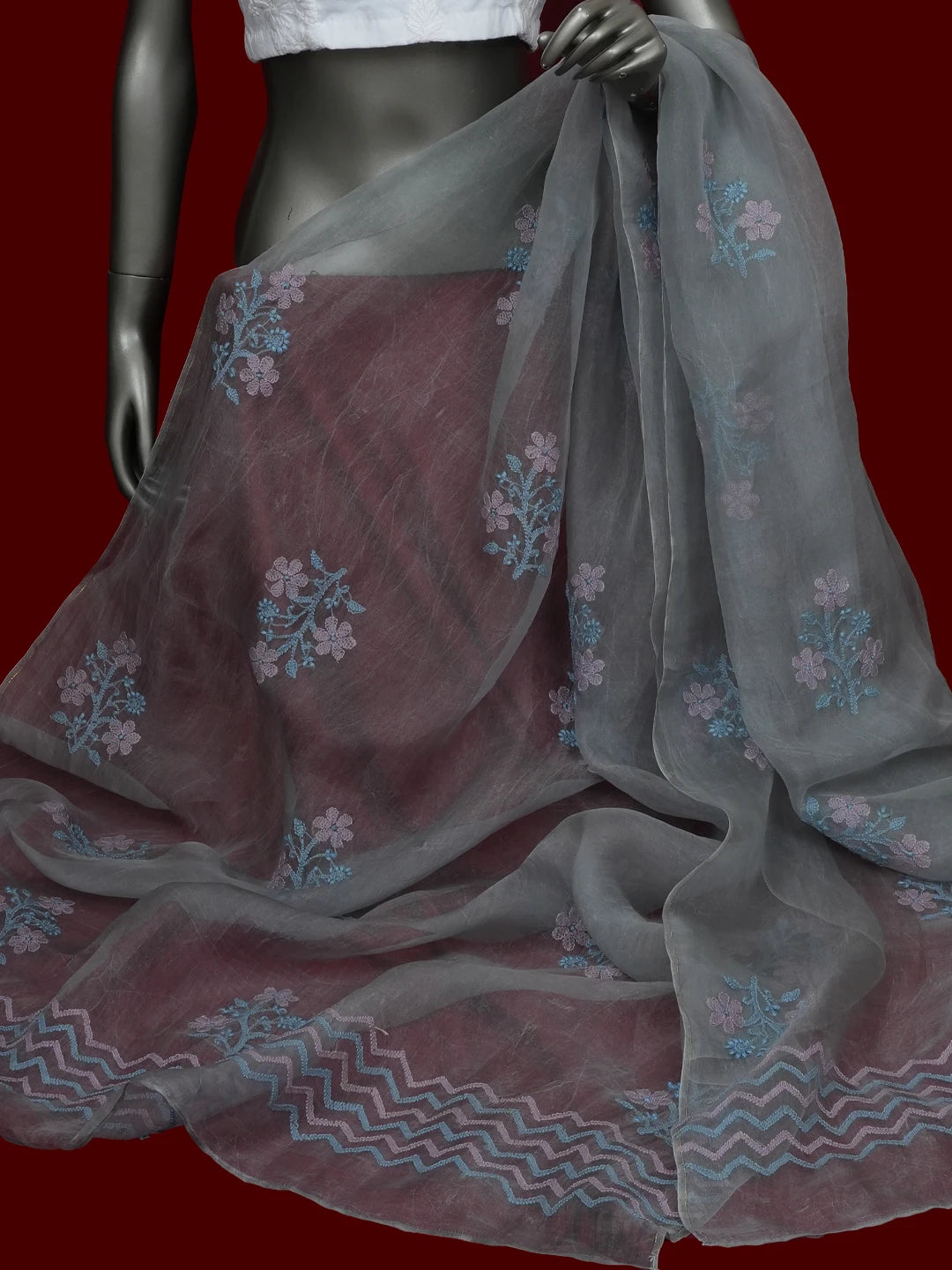 Ada Hand Embroidered Grey Organza Lucknowi Chikankari Dupatta 01A649358