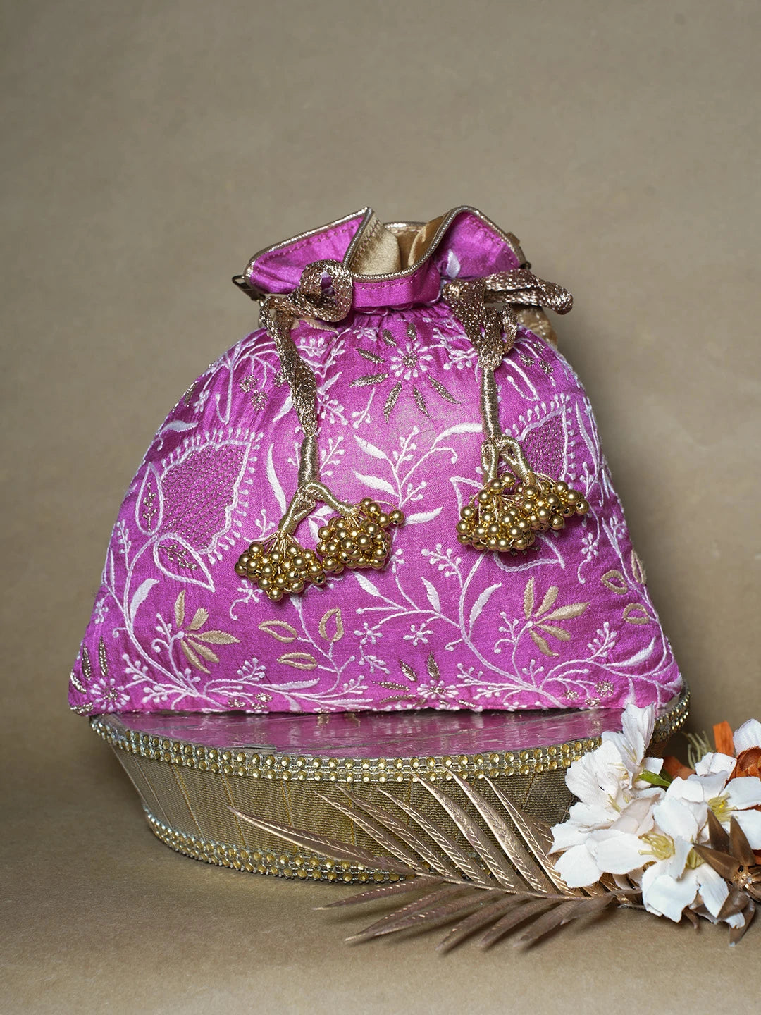 Ada Hand Embroidered Magenta Silk Lucknowi Chikankari Potli Bag With Zari Work 01A643568