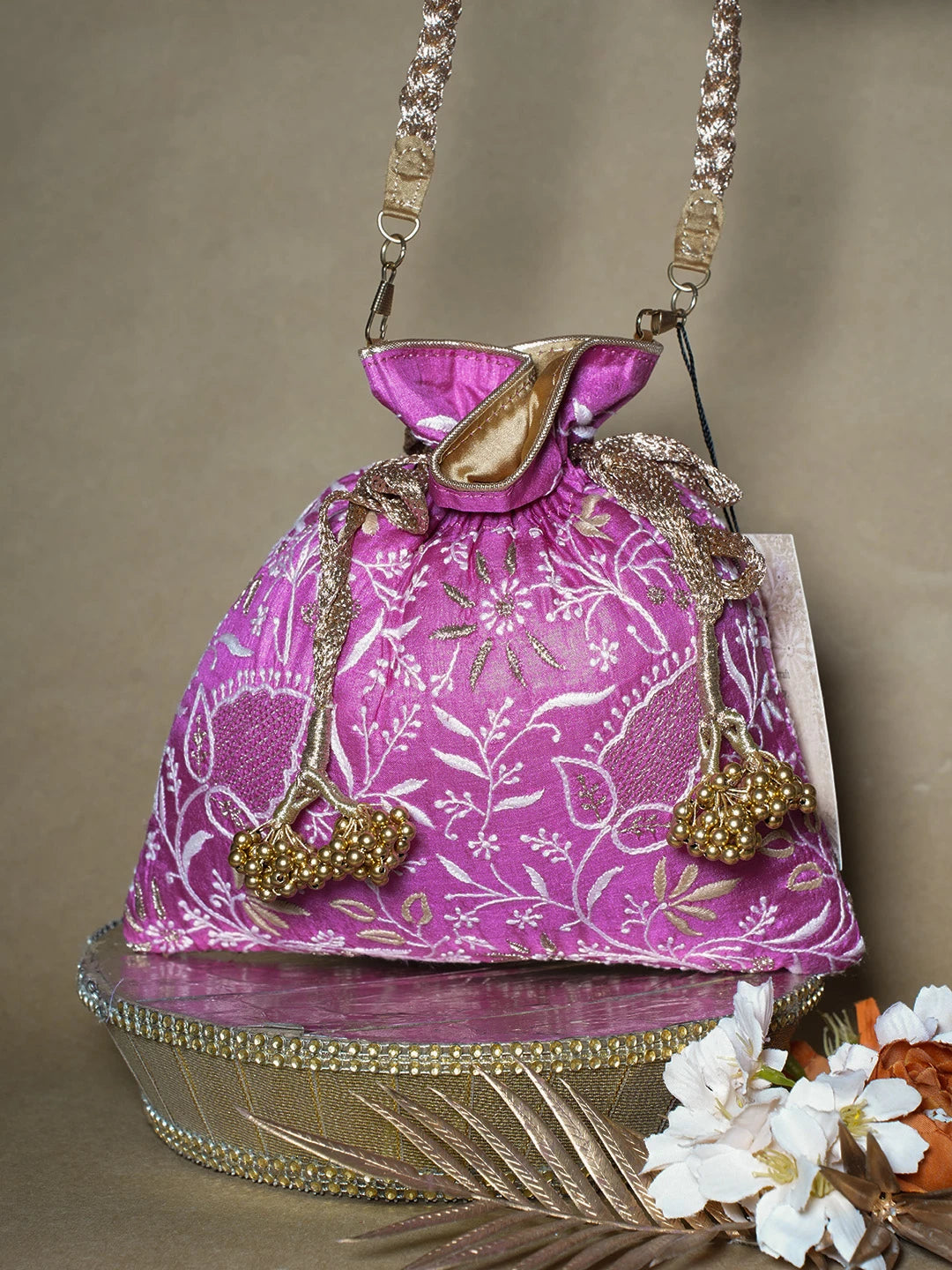 Ada Hand Embroidered Magenta Silk Lucknowi Chikankari Potli Bag With Zari Work 01A643568