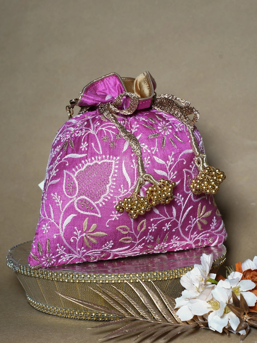 Ada Hand Embroidered Magenta Silk Lucknowi Chikankari Potli Bag With Zari Work 01A643568