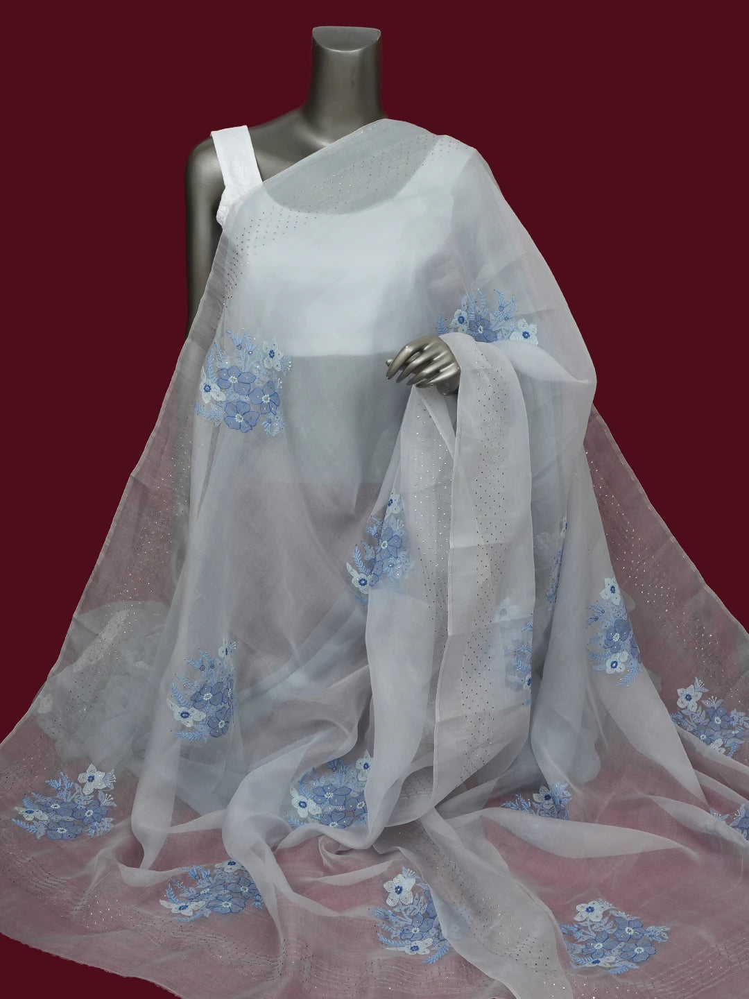 Ada Hand Embroidered Grey Organza Lucknowi Chikankari Dupatta With Muqaish Work 01A559662