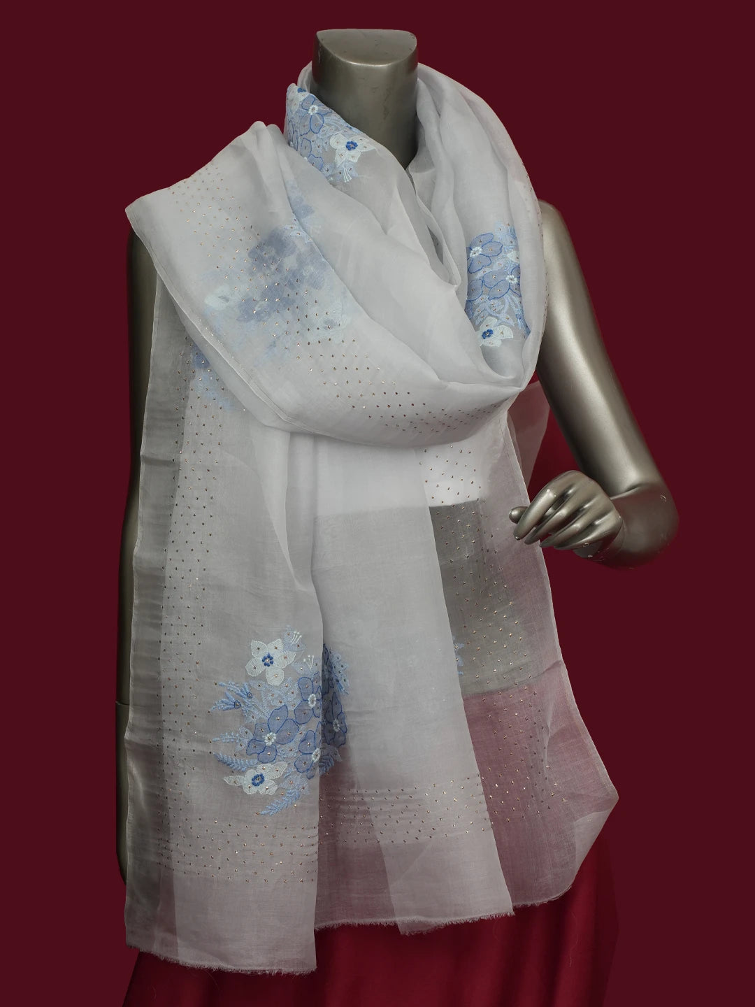 Ada Hand Embroidered Grey Organza Lucknowi Chikankari Dupatta With Muqaish Work 01A559662