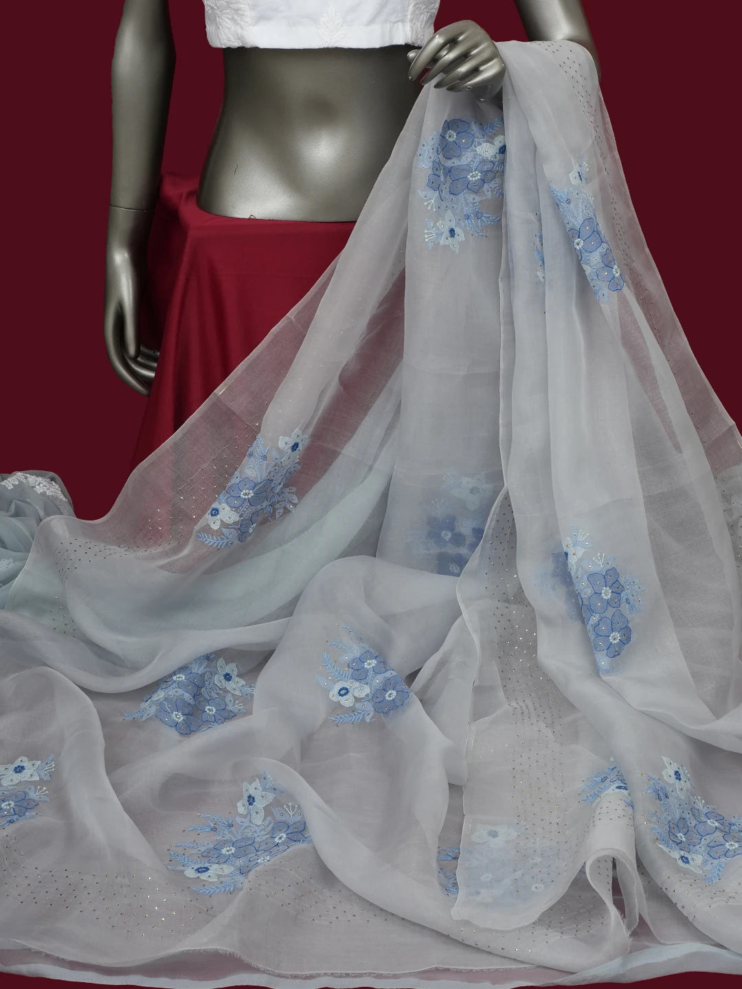 Ada Hand Embroidered Grey Organza Lucknowi Chikankari Dupatta With Muqaish Work 01A559662