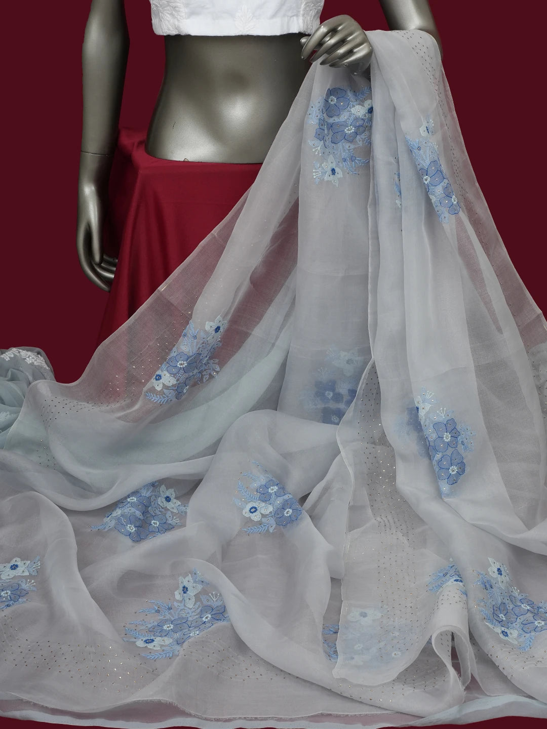 Ada Hand Embroidered Grey Organza Lucknowi Chikankari Dupatta With Muqaish Work 01A559662