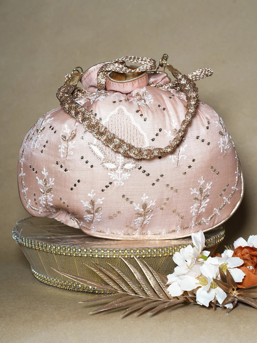 Ada Hand Embroidered Peach Silk Lucknowi Chikankari Potli Bag With Muqaish Work 01A689045