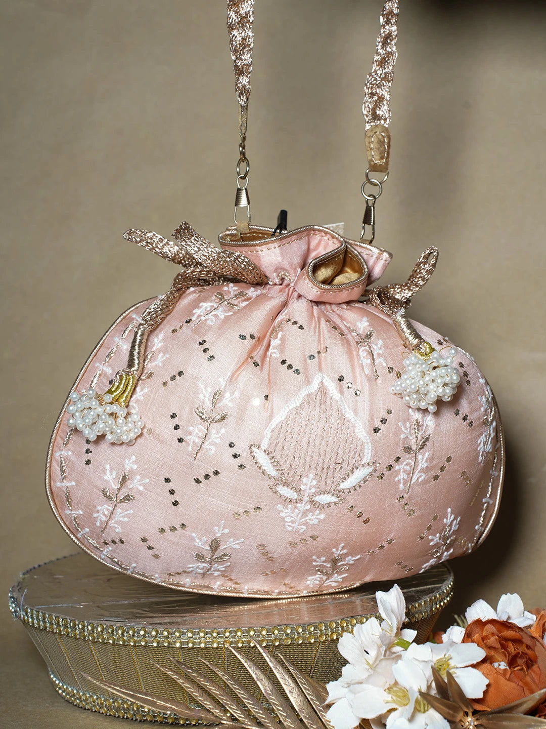 Ada Hand Embroidered Peach Silk Lucknowi Chikankari Potli Bag With Muqaish Work 01A689045