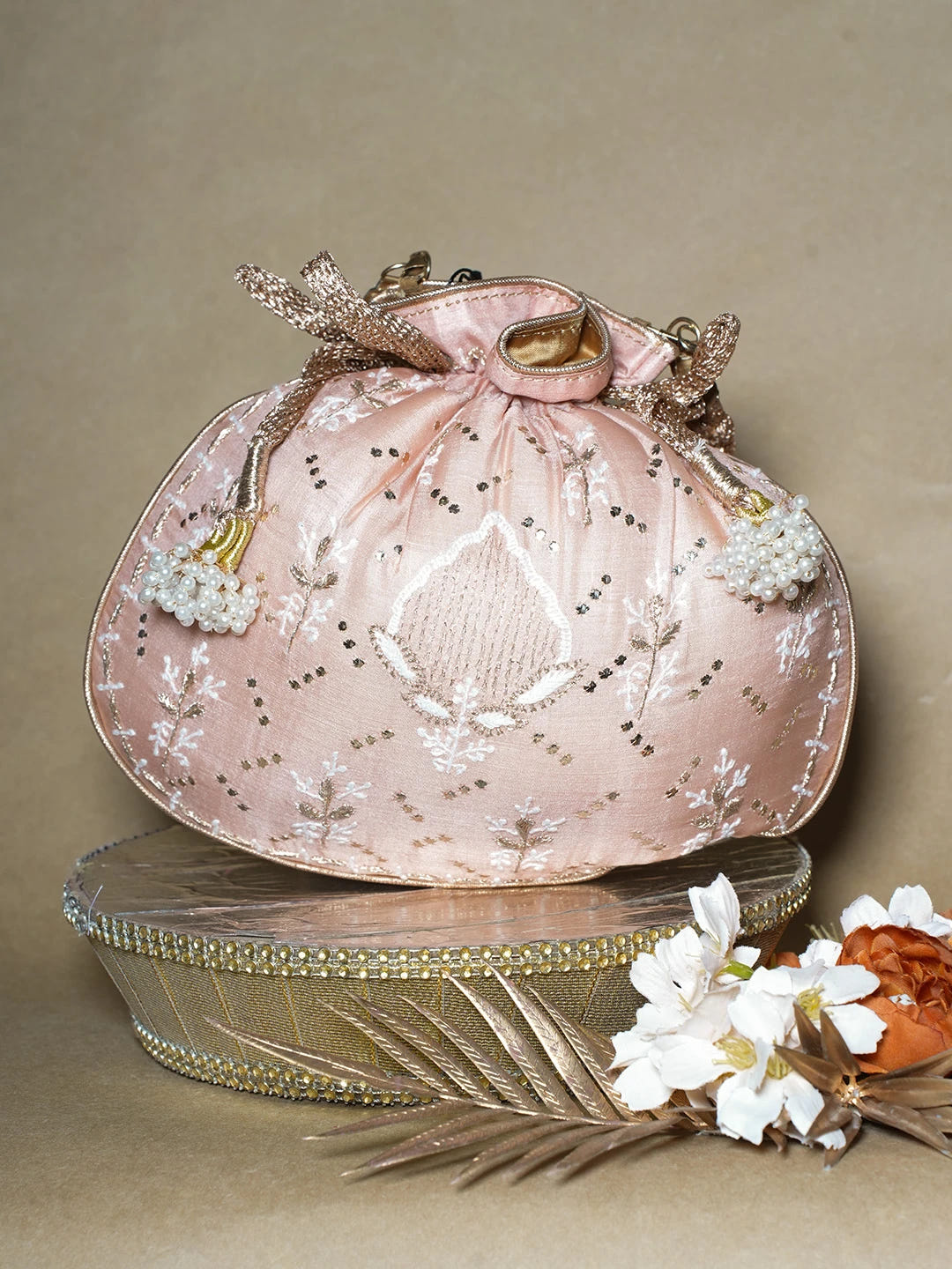 Ada Hand Embroidered Peach Silk Lucknowi Chikankari Potli Bag With Muqaish Work 01A689045