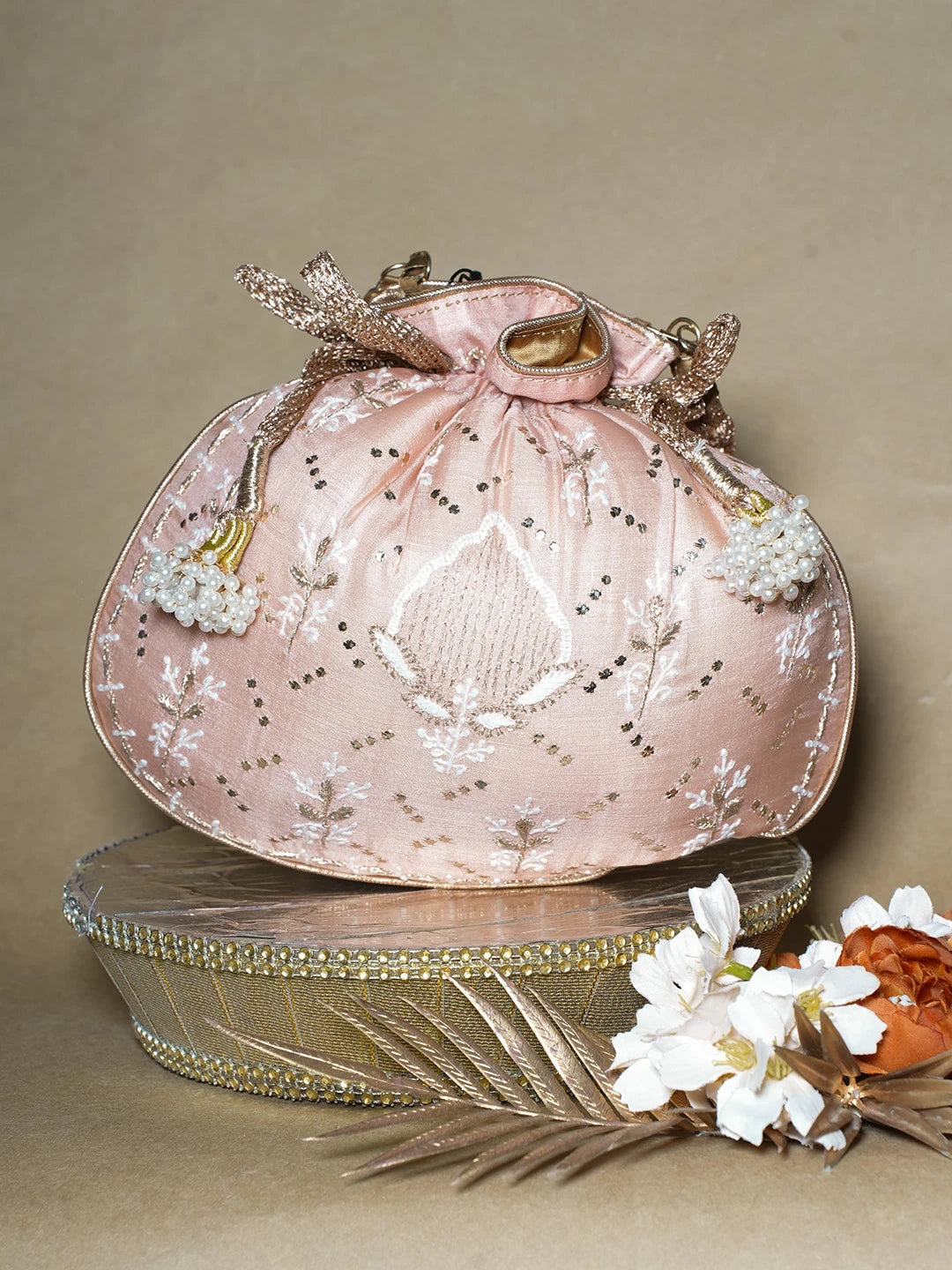 Ada Hand Embroidered Peach Silk Lucknowi Chikankari Potli Bag With Muqaish Work 01A689045