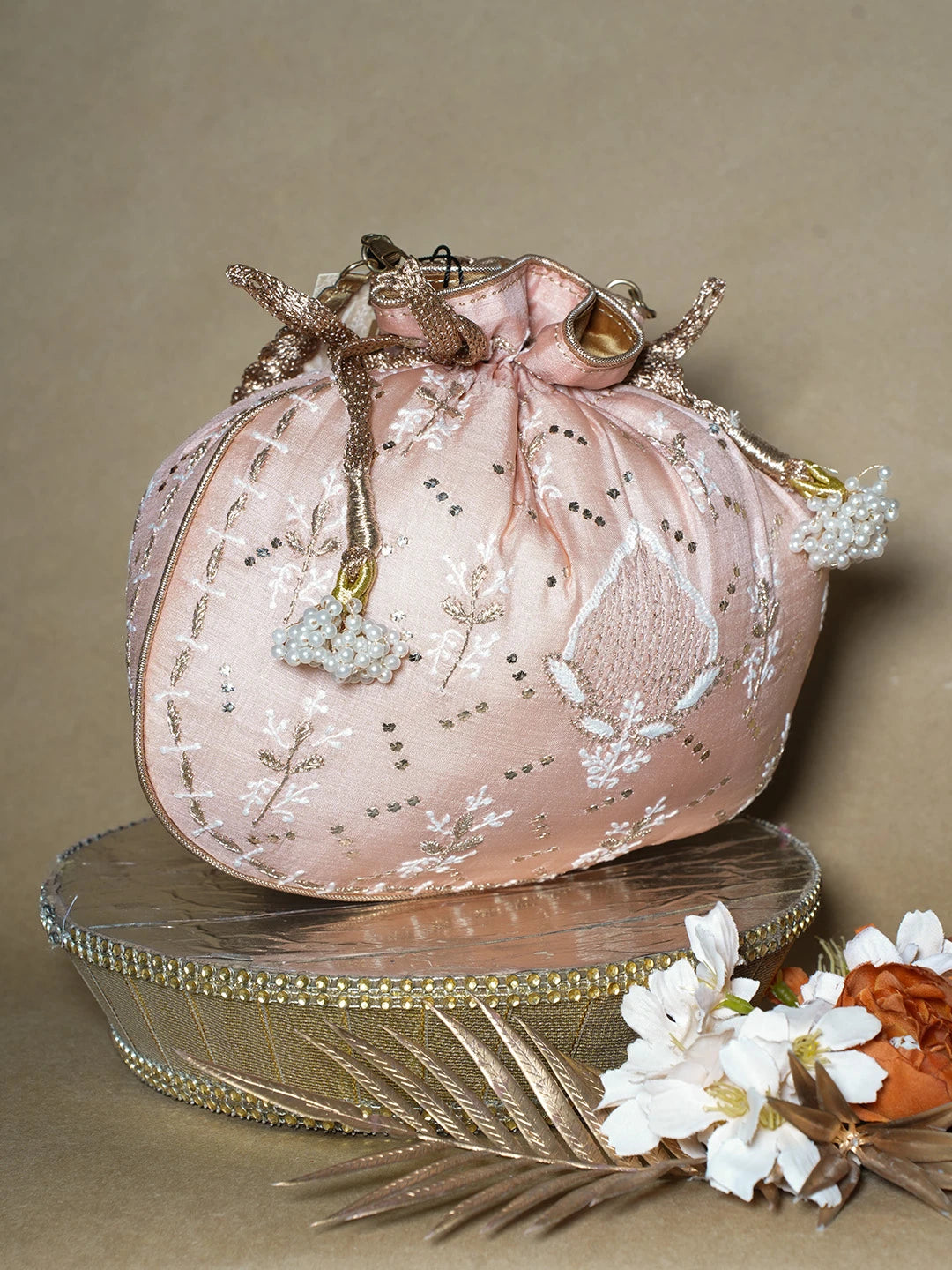 Ada Hand Embroidered Peach Silk Lucknowi Chikankari Potli Bag With Muqaish Work 01A689045