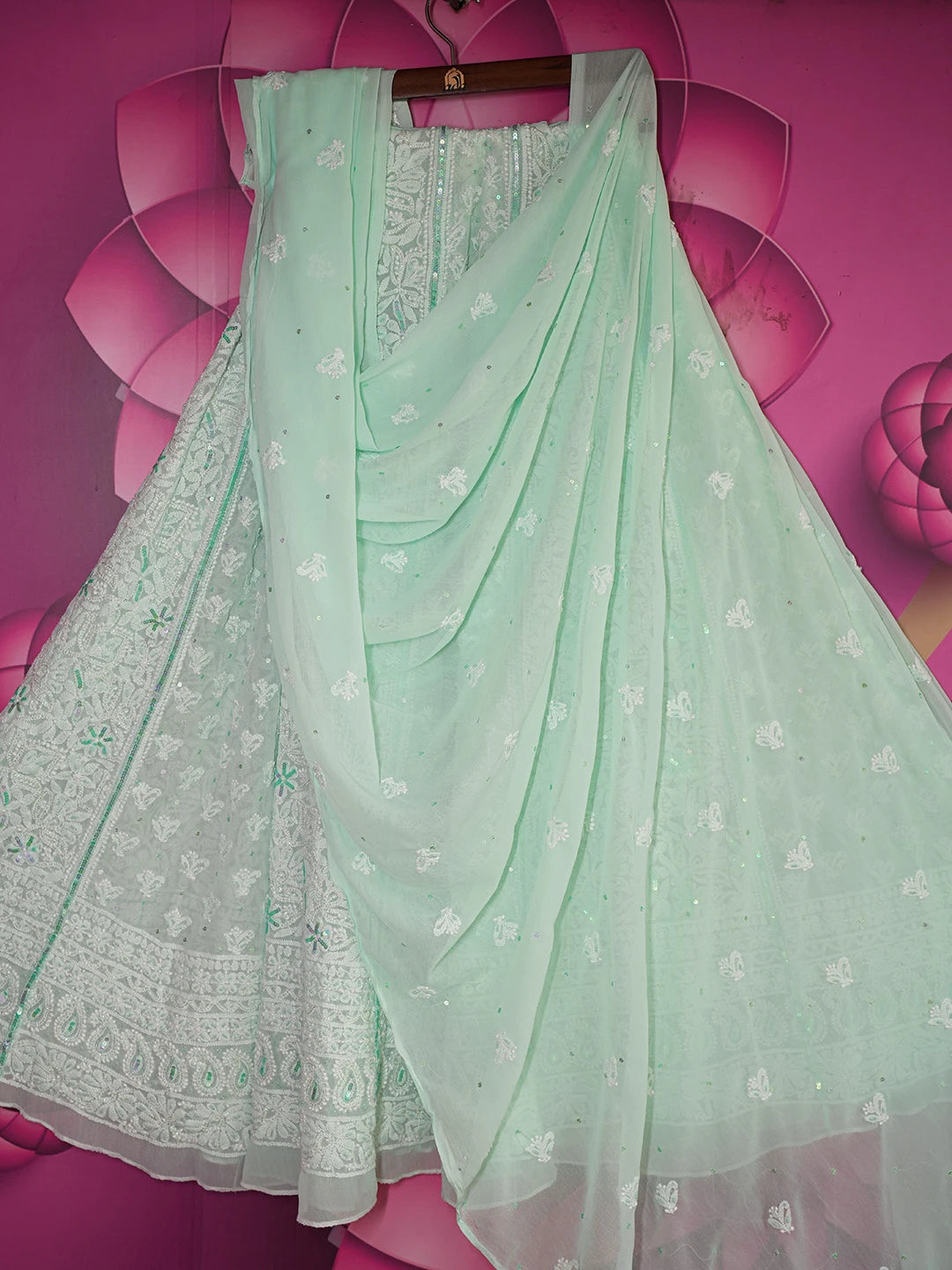 Ada Hand Embroidered Sea Green Georgette Lucknowi Chikankari Lehenga Set With Sequinned Work 01A605062