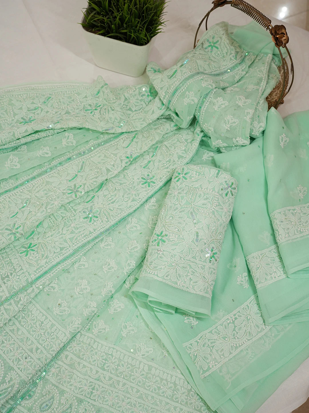 Ada Hand Embroidered Sea Green Georgette Lucknowi Chikankari Lehenga Set With Sequinned Work 01A605062