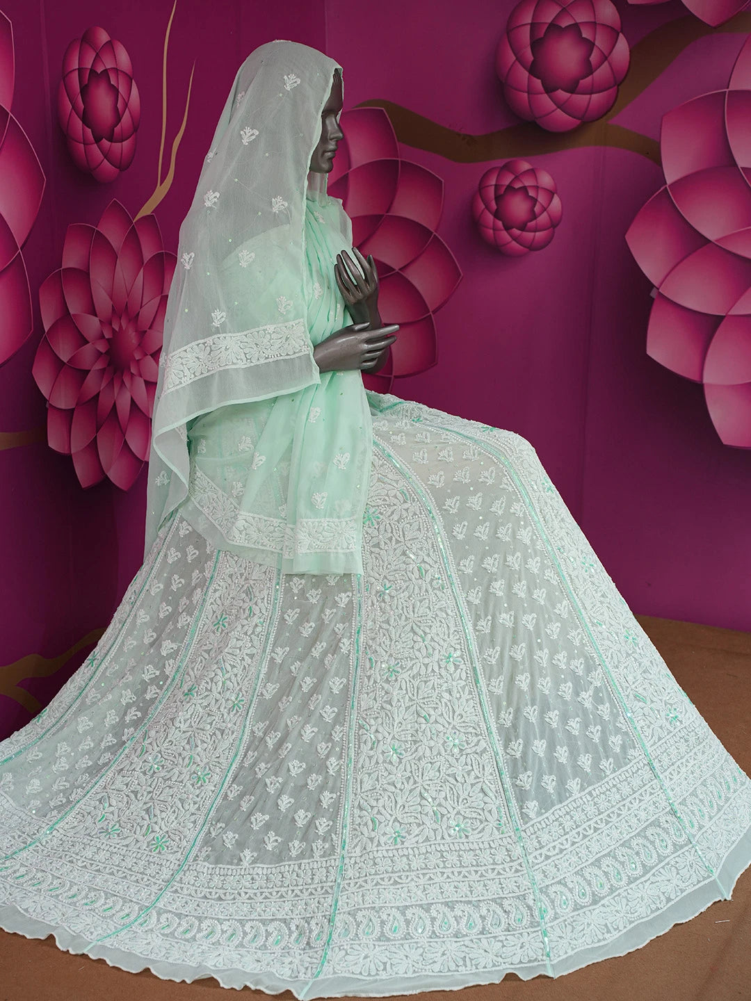 Ada Hand Embroidered Sea Green Georgette Lucknowi Chikankari Lehenga Set With Sequinned Work 01A605062
