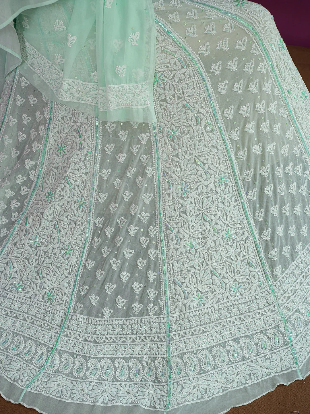Ada Hand Embroidered Sea Green Georgette Lucknowi Chikankari Lehenga Set With Sequinned Work 01A605062