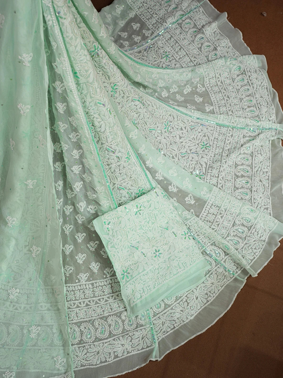 Ada Hand Embroidered Sea Green Georgette Lucknowi Chikankari Lehenga Set With Sequinned Work 01A605062