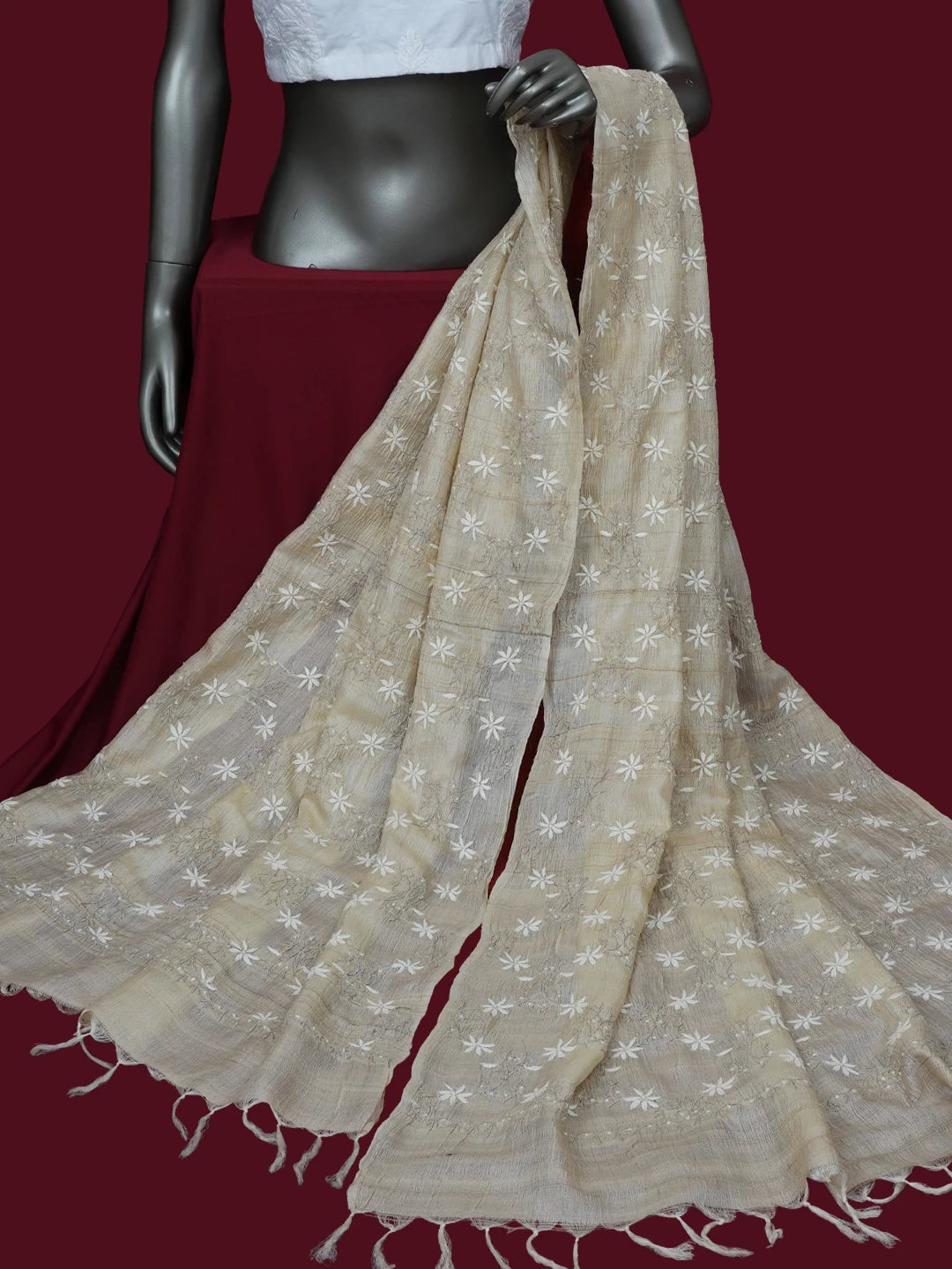 Ada Hand Embroidered Fawn Silk Lucknowi Chikankari Dupatta 01A682656
