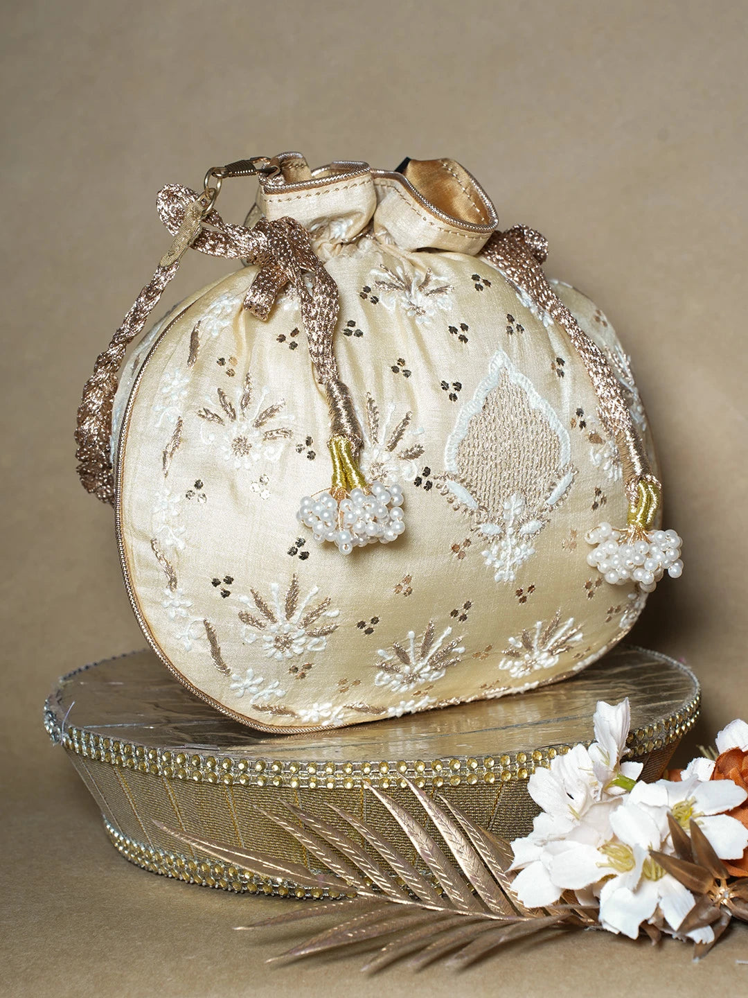 Ada Hand Embroidered Fawn Silk Lucknowi Chikankari Potli Bag With Muqaish Work 01A689048