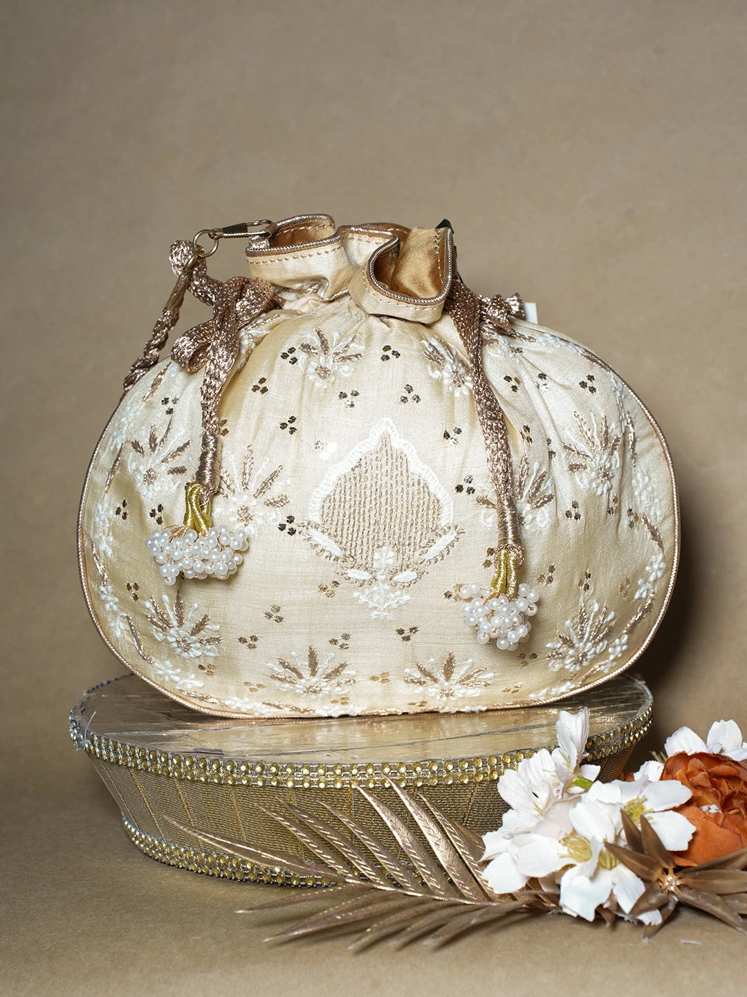 Ada Hand Embroidered Fawn Silk Lucknowi Chikankari Potli Bag With Muqaish Work 01A689048