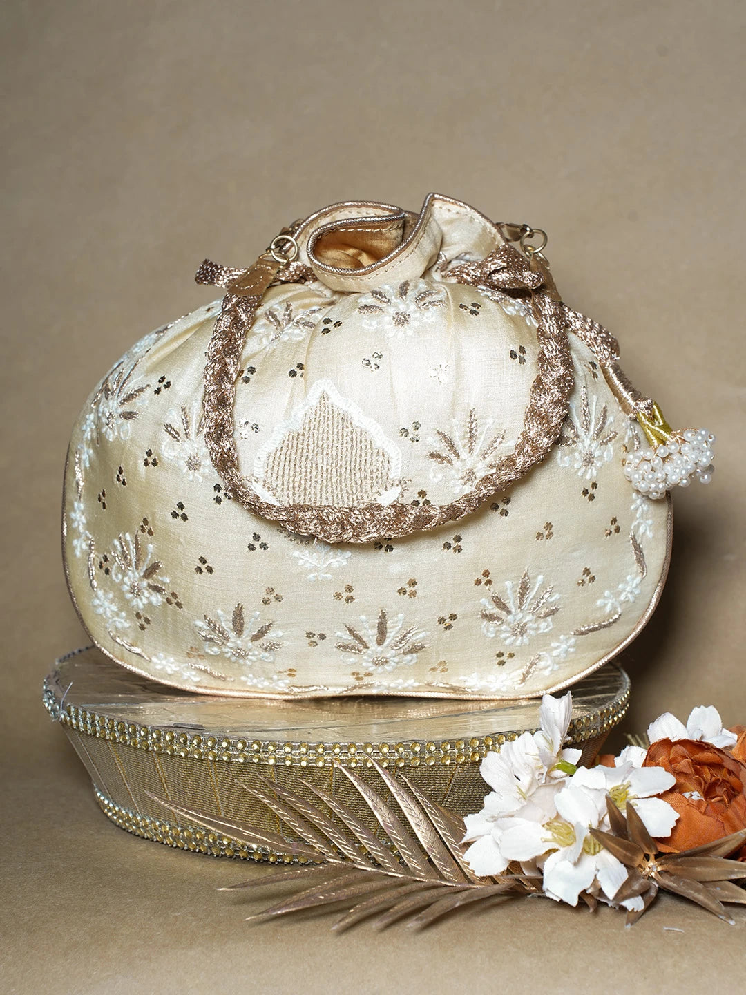 Ada Hand Embroidered Fawn Silk Lucknowi Chikankari Potli Bag With Muqaish Work 01A689048